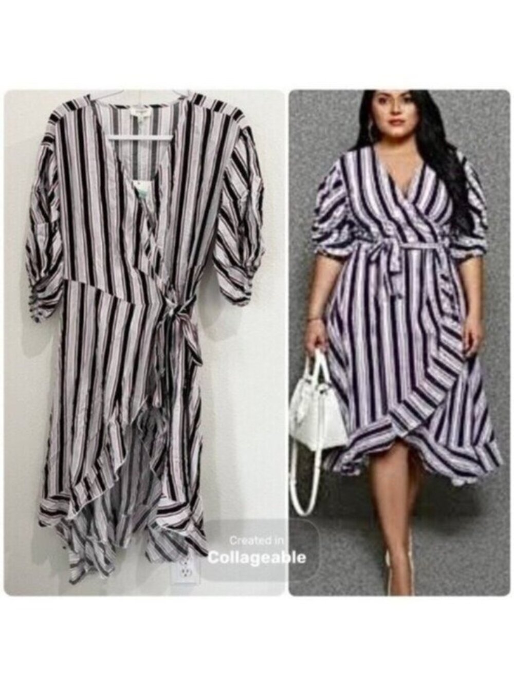 Umgee Ruffle Stripe Wrap Midi Dress Puff Sleeve Shabby Chic
